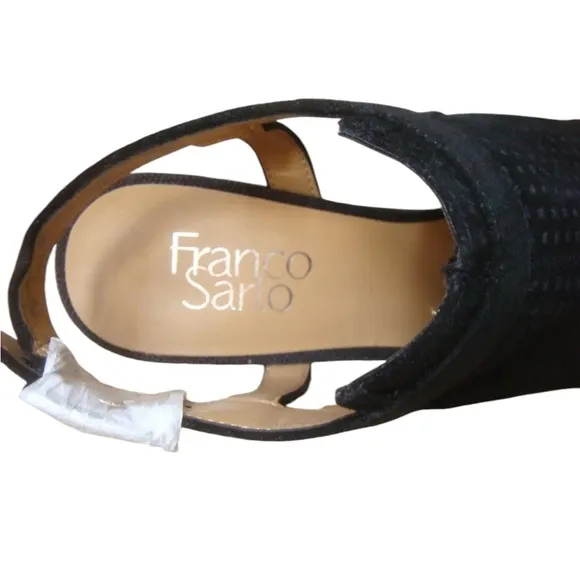 New Franco Sarto Perforated Black Suede 3” Block Heel Sandal Ankle Strap Sz. 10