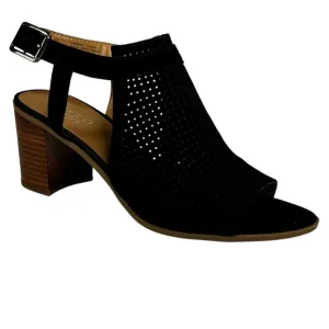 New Franco Sarto Perforated Black Suede 3” Block Heel Sandal Ankle Strap Sz. 10