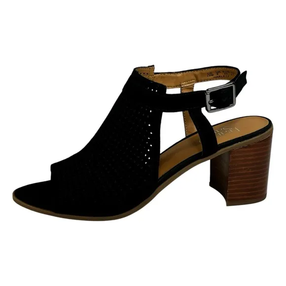 New Franco Sarto Perforated Black Suede 3” Block Heel Sandal Ankle Strap Sz. 10