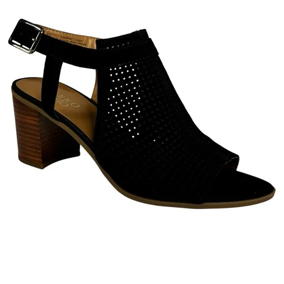 New Franco Sarto Perforated Black Suede 3” Block Heel Sandal Ankle Strap Sz. 10