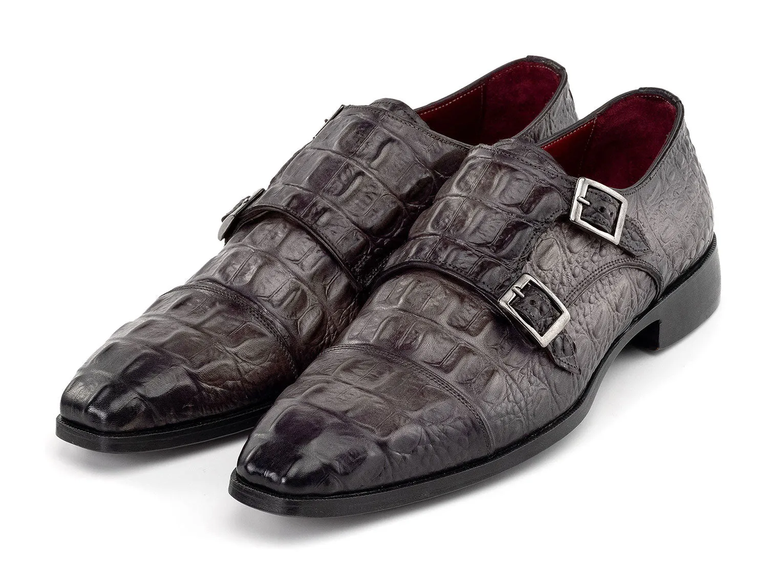 Paul Parkman Double Monkstrap Shoes Crocodile Textured Leather in Grey