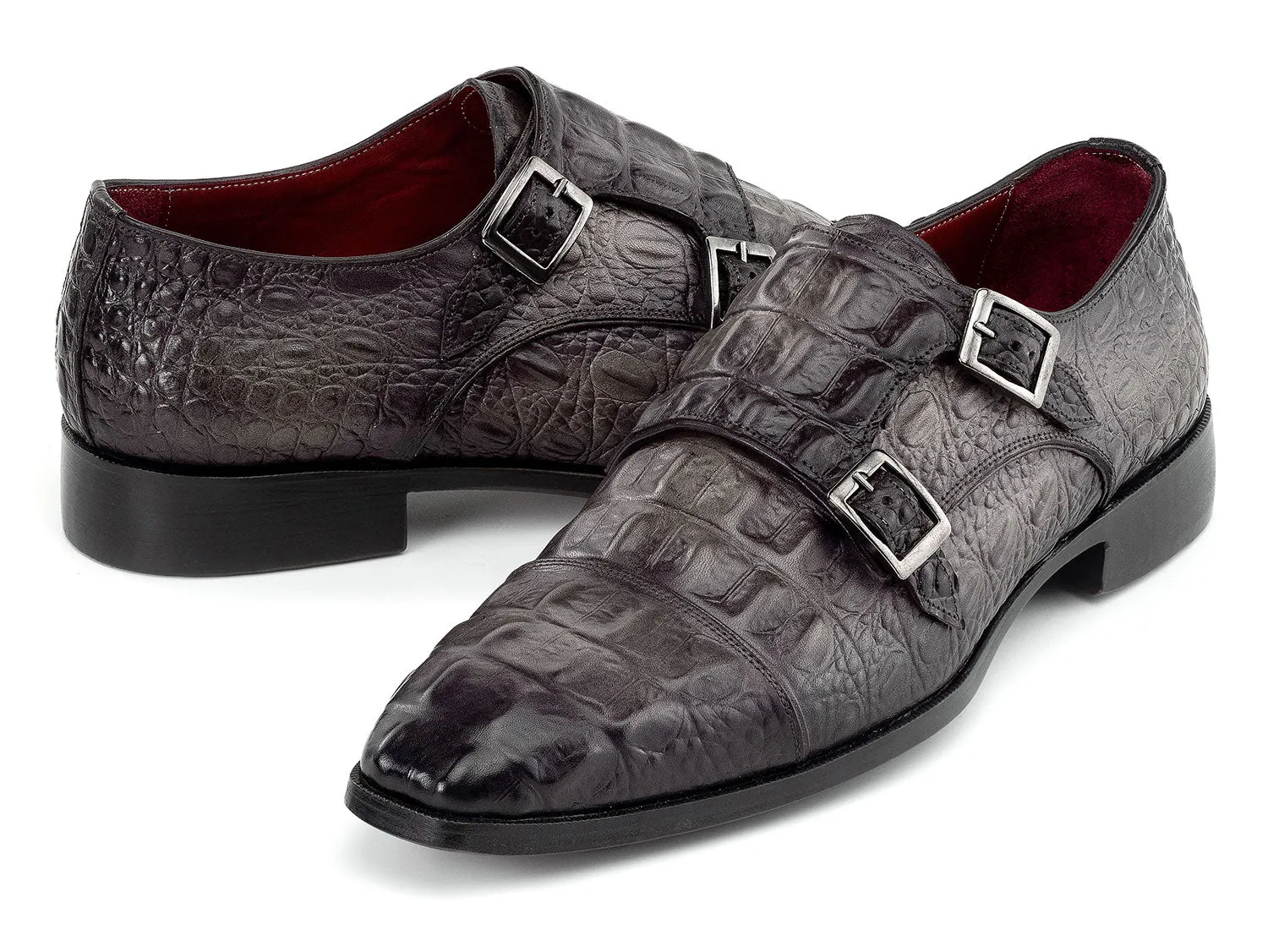 Paul Parkman Double Monkstrap Shoes Crocodile Textured Leather in Grey