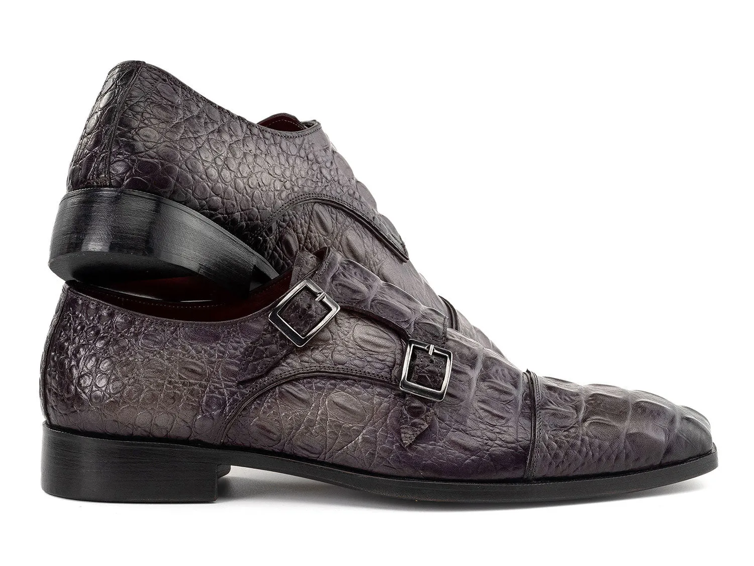 Paul Parkman Double Monkstrap Shoes Crocodile Textured Leather in Grey