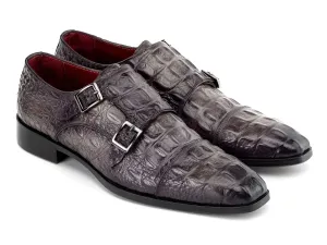 Paul Parkman Double Monkstrap Shoes Crocodile Textured Leather in Grey