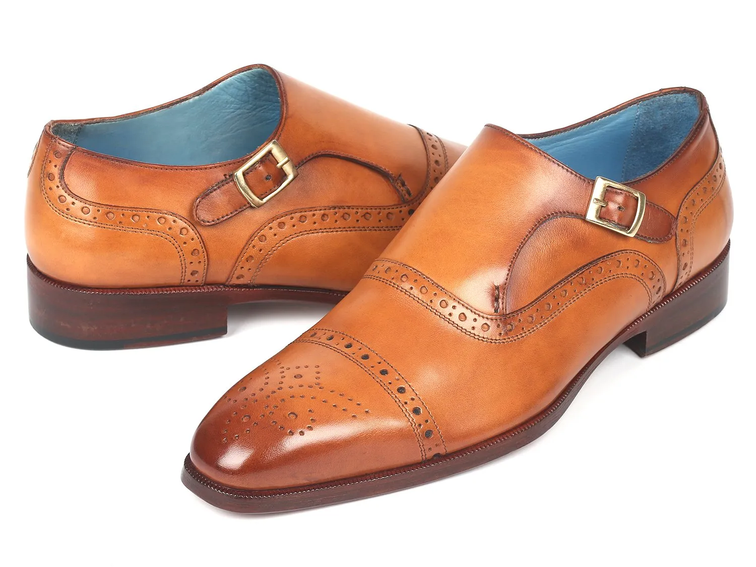 Paul Parkman Men's Cap Toe Monkstrap Shoes in Cognac