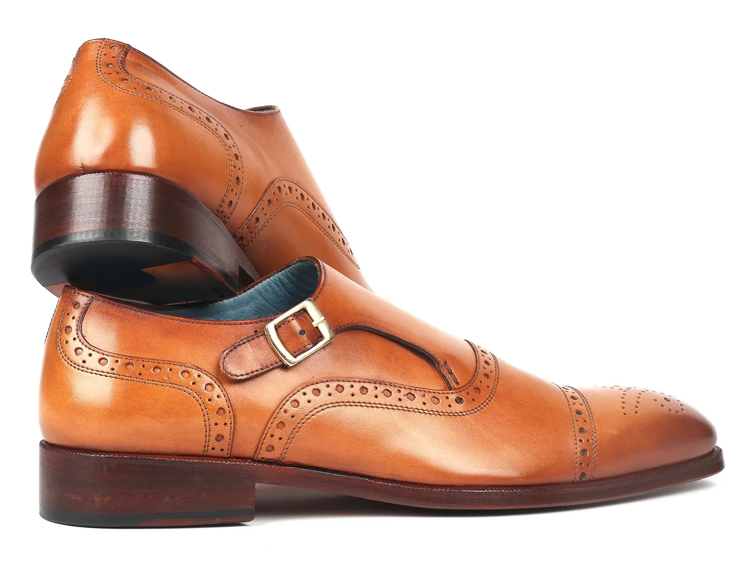 Paul Parkman Men's Cap Toe Monkstrap Shoes in Cognac