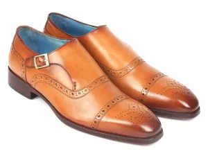 Paul Parkman Men's Cap Toe Monkstrap Shoes in Cognac