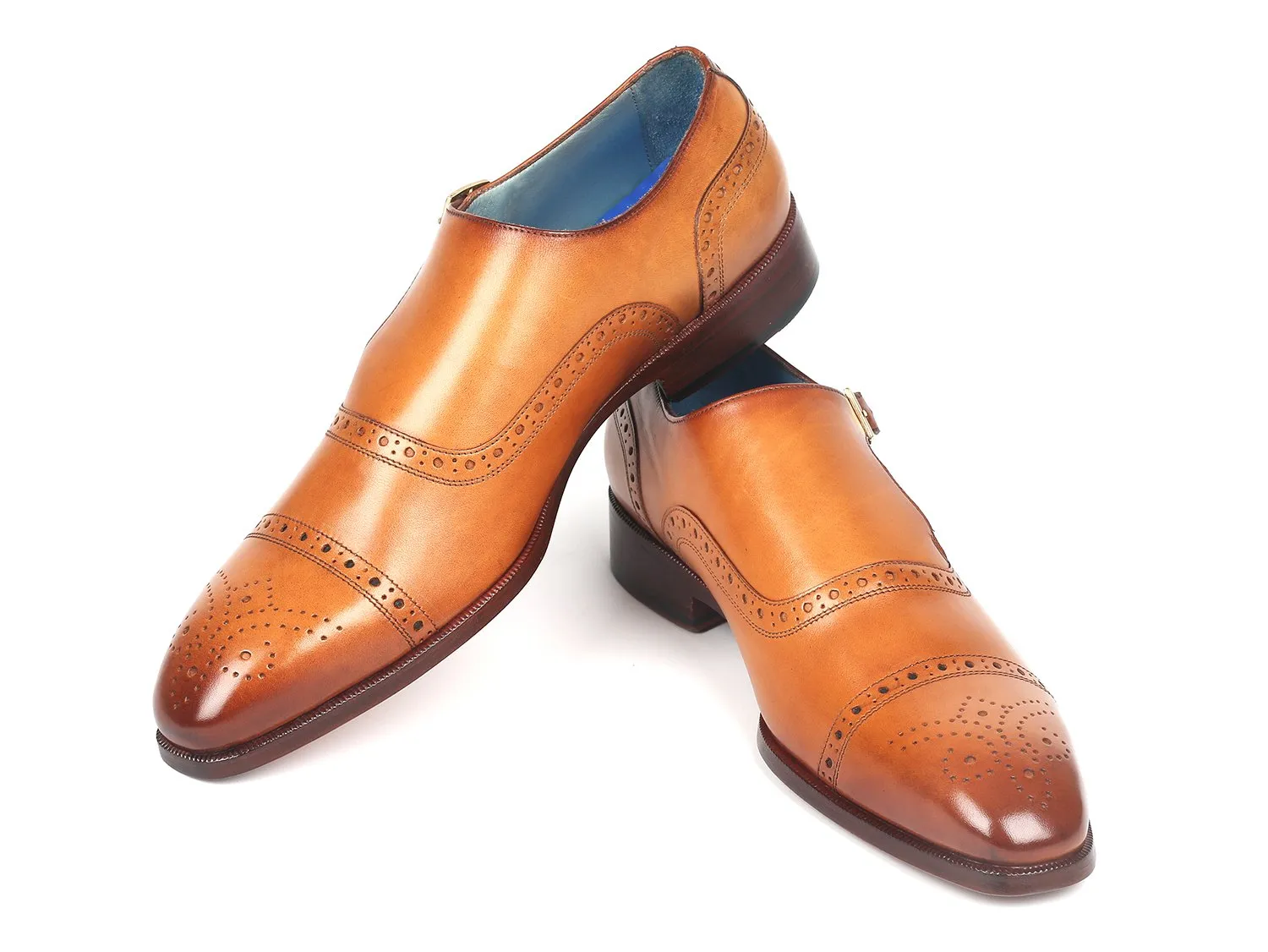 Paul Parkman Men's Cap Toe Monkstrap Shoes in Cognac