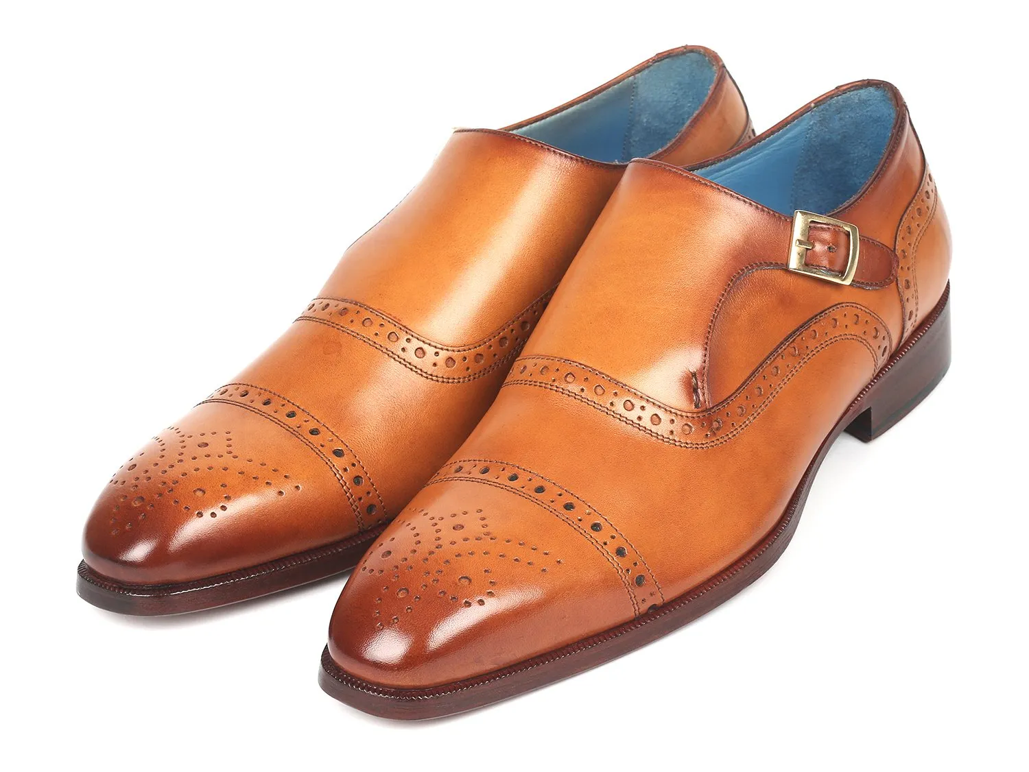 Paul Parkman Men's Cap Toe Monkstrap Shoes in Cognac