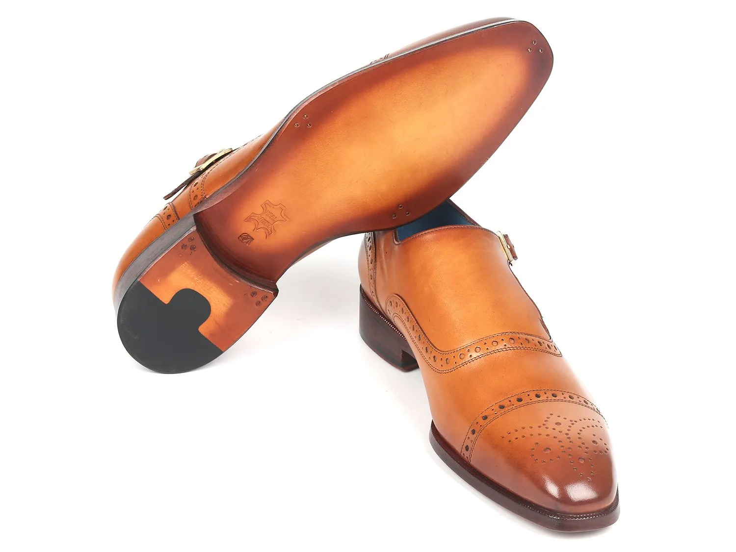 Paul Parkman Men's Cap Toe Monkstrap Shoes in Cognac