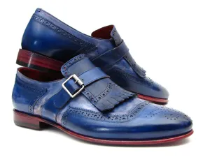 Paul Parkman Men's Leather Kiltie Monkstraps in Dual Tone Blue