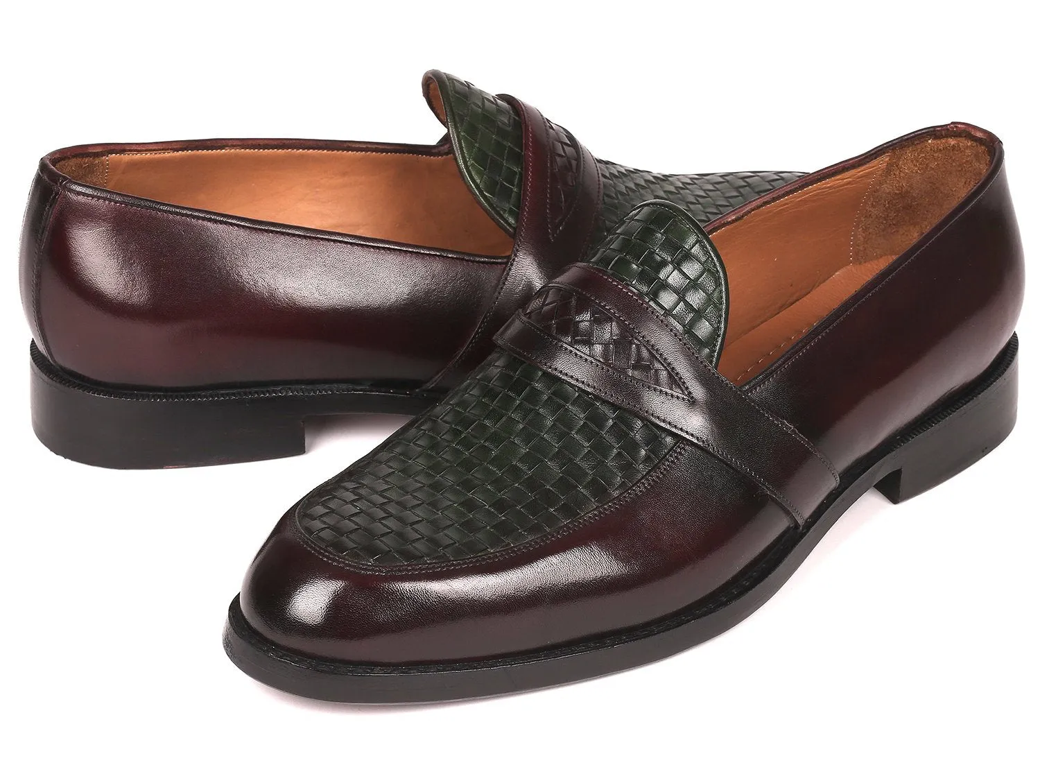 Paul Parkman Men's Woven Leather Loafers in Brown & Green