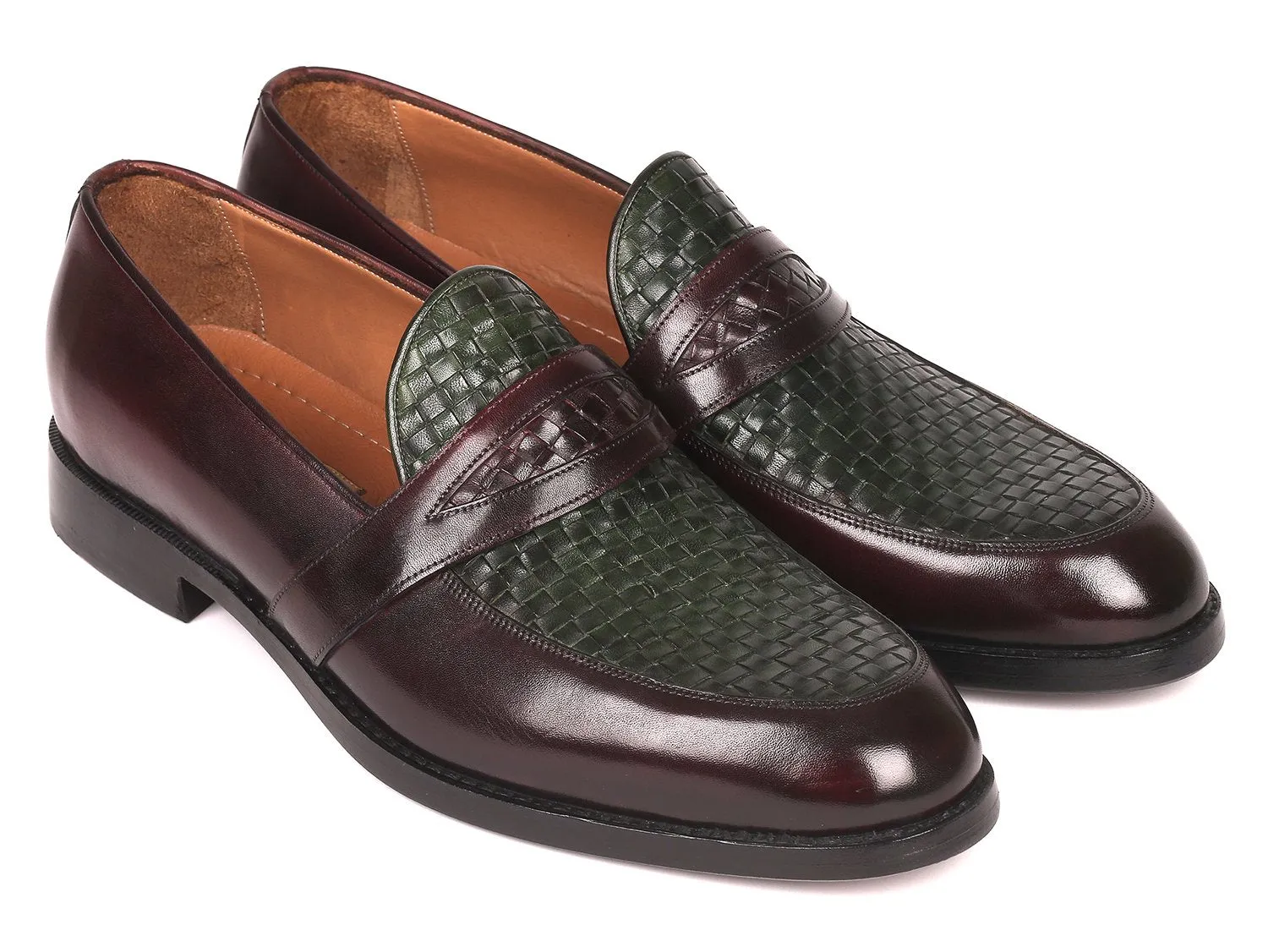 Paul Parkman Men's Woven Leather Loafers in Brown & Green