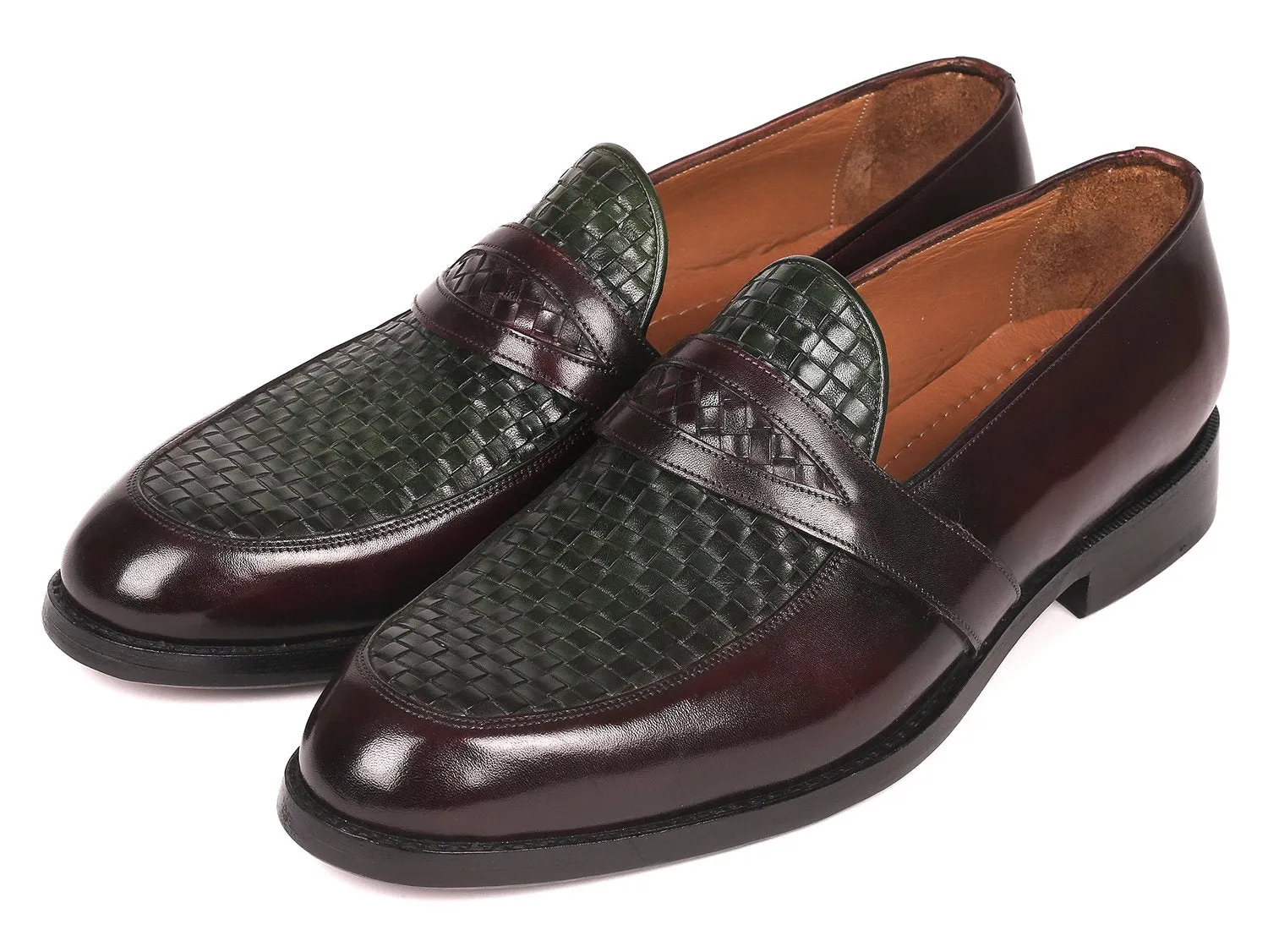 Paul Parkman Men's Woven Leather Loafers in Brown & Green