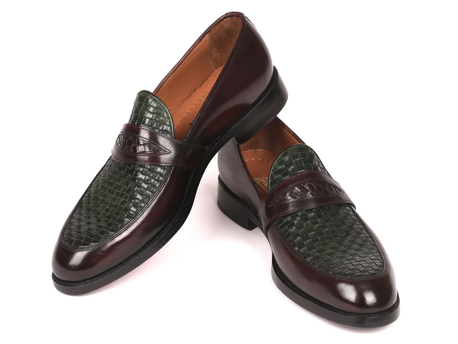 Paul Parkman Men's Woven Leather Loafers in Brown & Green