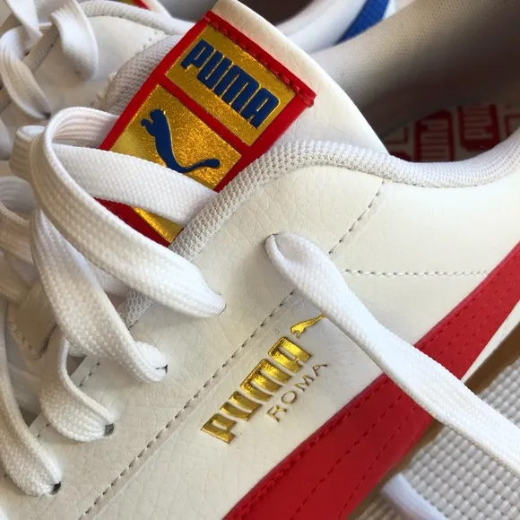 Puma Roma RWB Men’s Size 12 White Sneakers Trainers Red/Blue Stripes Lace-Up