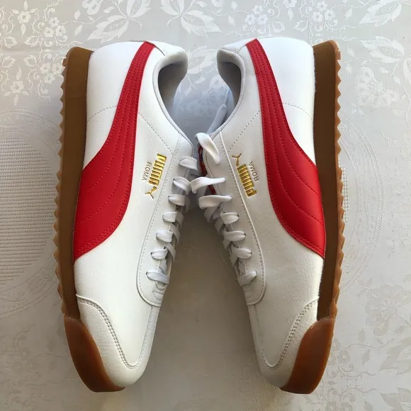 Puma Roma RWB Men’s Size 12 White Sneakers Trainers Red/Blue Stripes Lace-Up