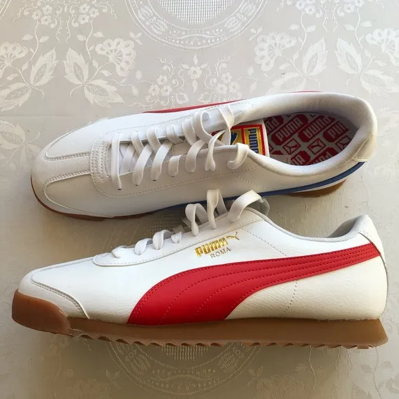Puma Roma RWB Men’s Size 12 White Sneakers Trainers Red/Blue Stripes Lace-Up