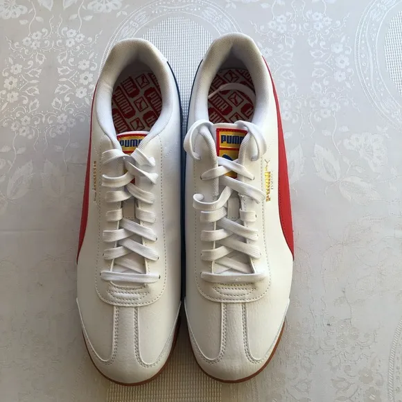 Puma Roma RWB Men’s Size 12 White Sneakers Trainers Red/Blue Stripes Lace-Up