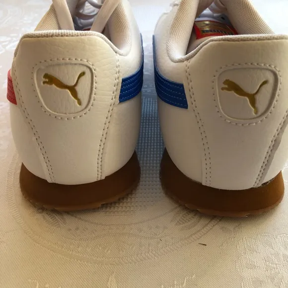 Puma Roma RWB Men’s Size 12 White Sneakers Trainers Red/Blue Stripes Lace-Up