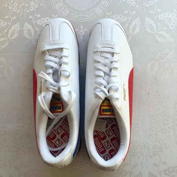Puma Roma RWB Men’s Size 12 White Sneakers Trainers Red/Blue Stripes Lace-Up