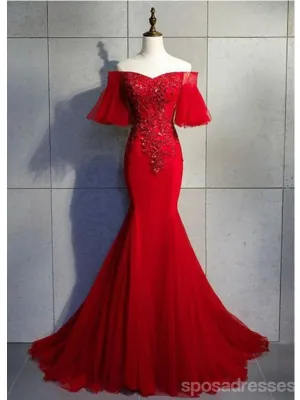 Red Mermaid Short Sleeves Cheap Long Prom Dresses,Evening Party Dresses,12941
