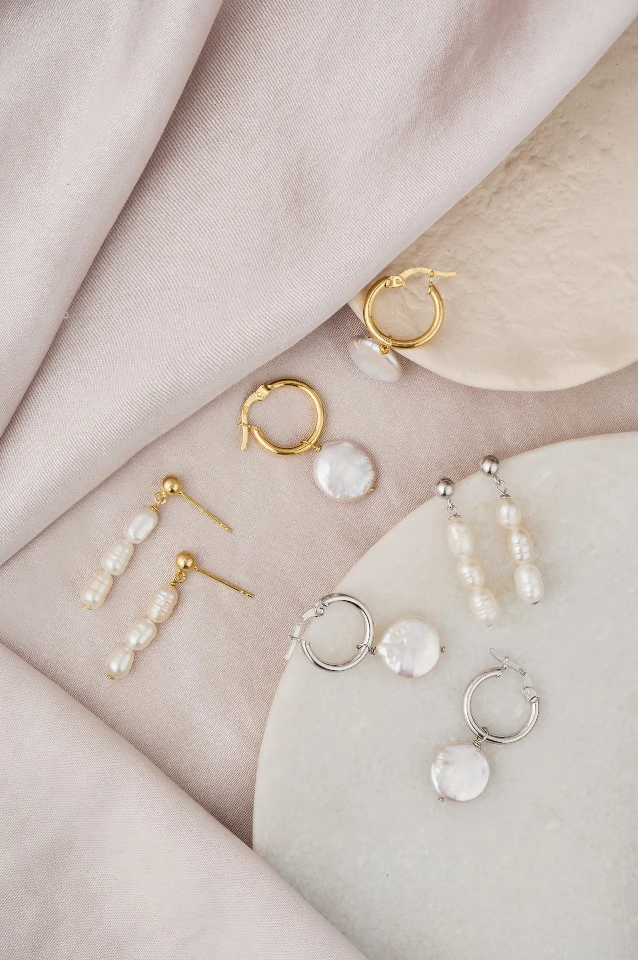 Round Pearl Drop Hoops: Silver