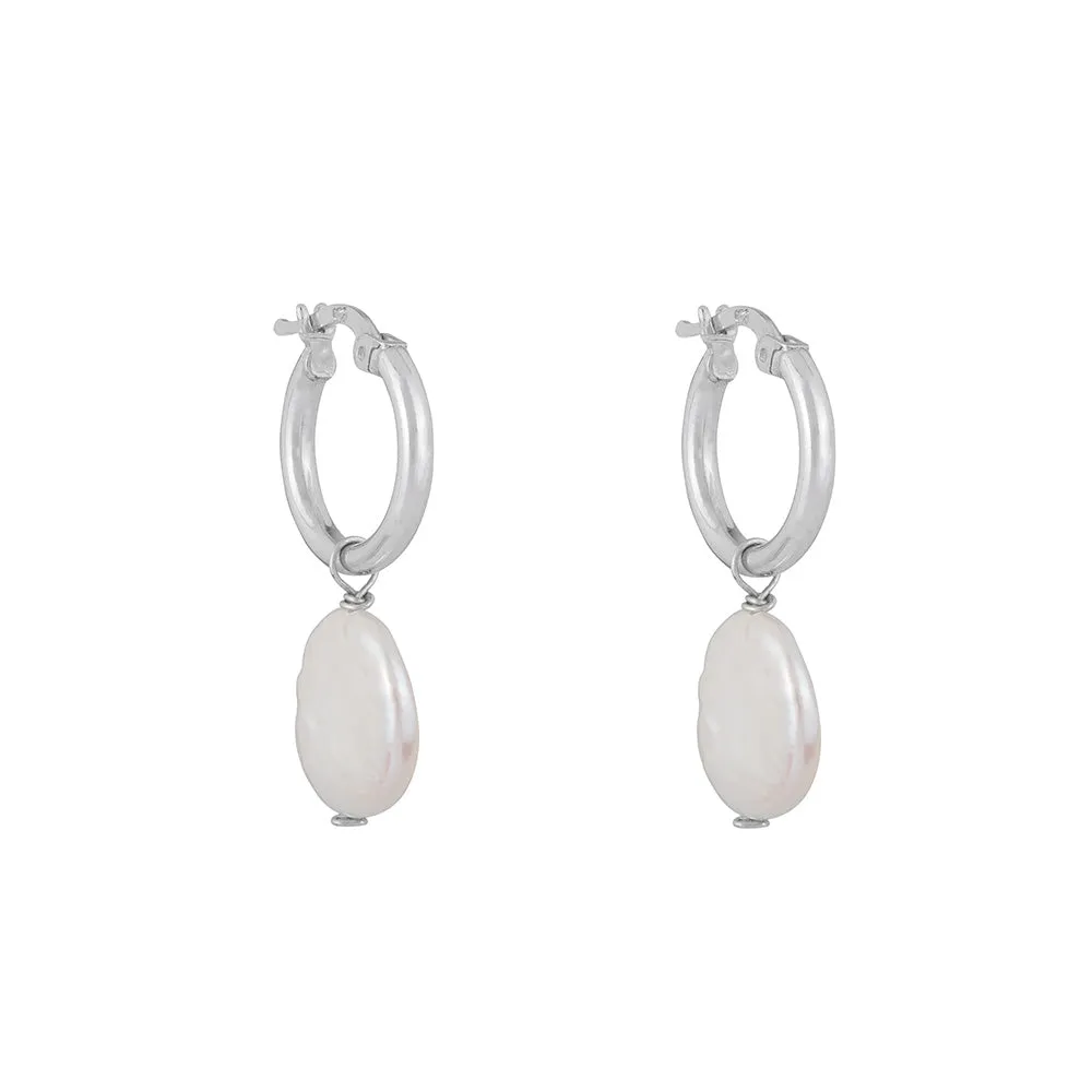 Round Pearl Drop Hoops: Silver
