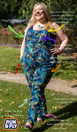 SIZES 4XS & 3XS* Run & Fly Black Blue Jurassic Dinosaur Stretch Twill Dungarees