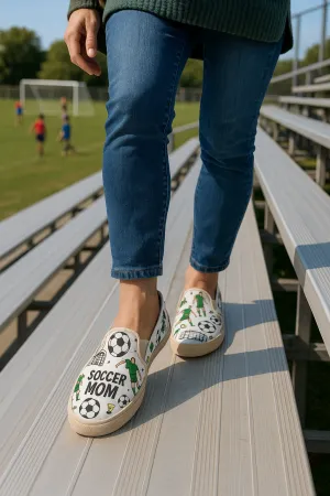 Soccer Themed Women's Canvas Slip On Sneakers With Multicolor Images of Soccer