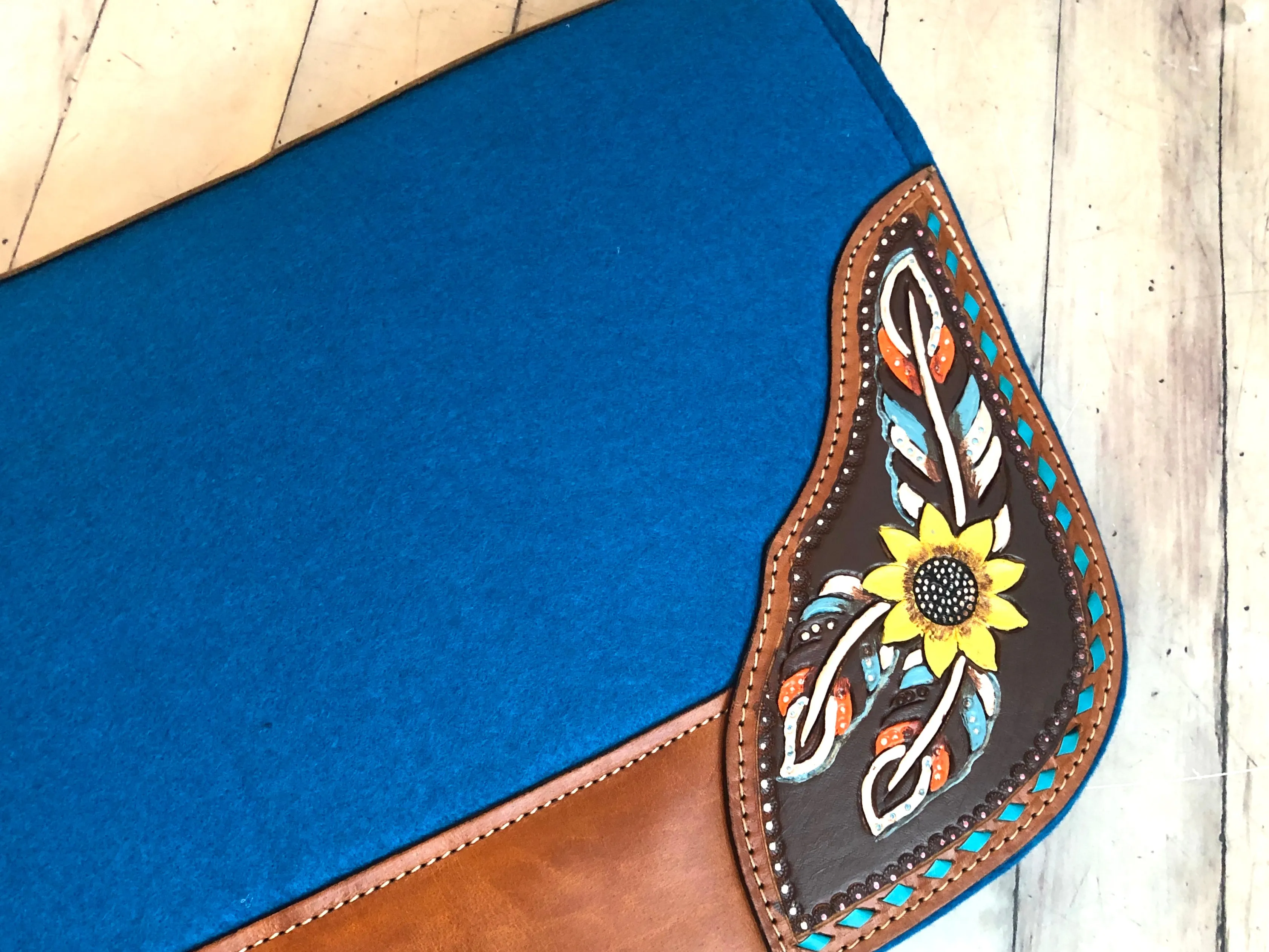 Sunflower Feather Tooled - Hand Painted Blue Saddle Pad