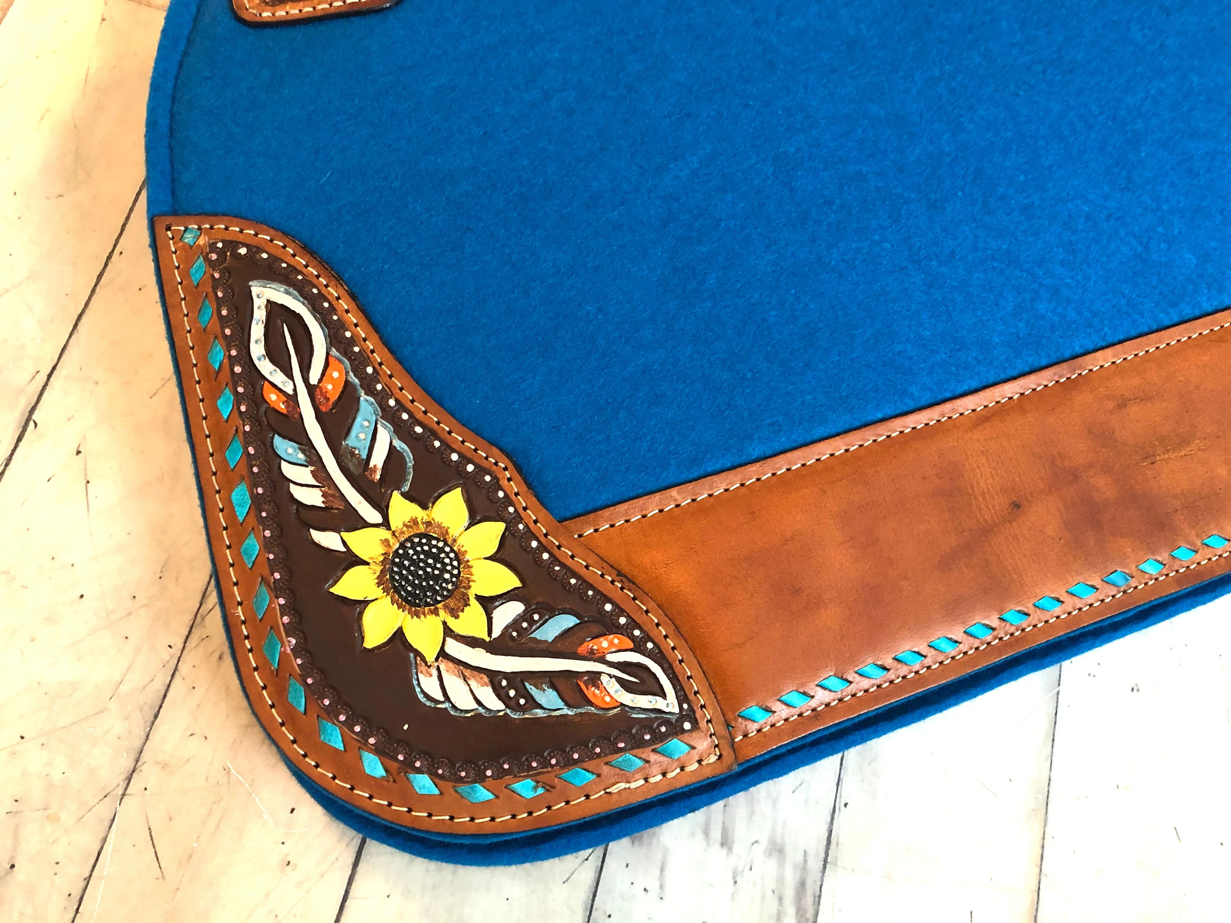Sunflower Feather Tooled - Hand Painted Blue Saddle Pad