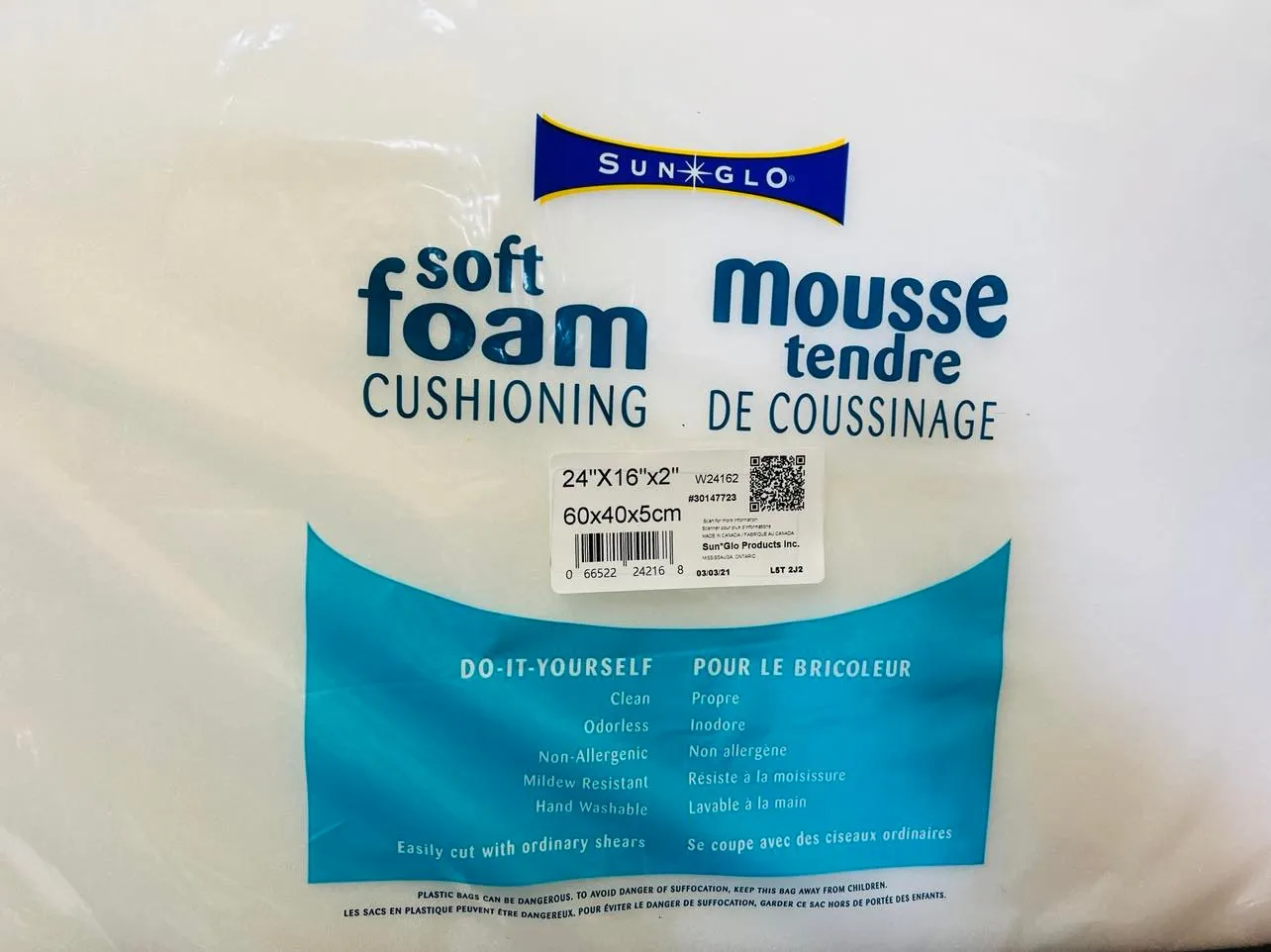 SunGlo Soft Foam Cushioning, 24" x 16" x 2" - Clean, Odourless, Non-Allergenic, Mildew Resistant, Hand washable! Winner can buy 5 more at winning bid!