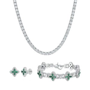 Tennis Chain & Clover Bracelet Earrings Set