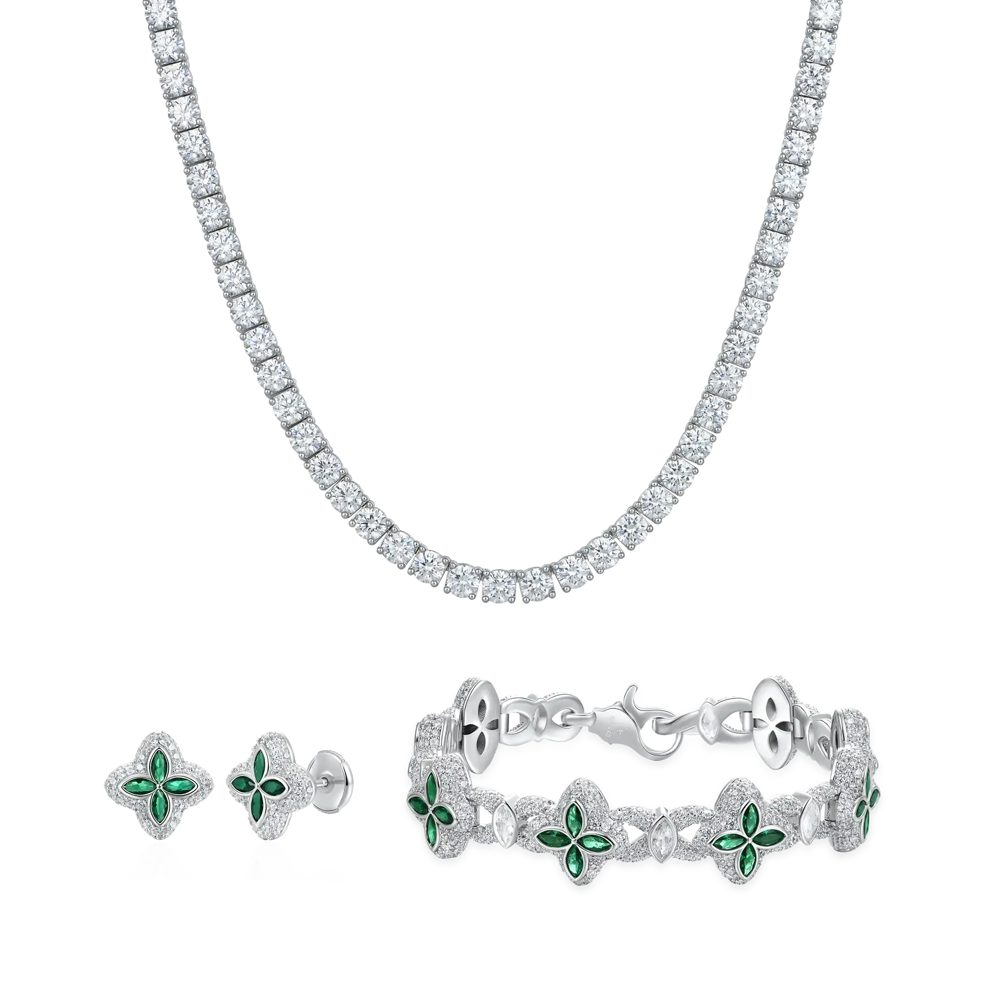 Tennis Chain & Clover Bracelet Earrings Set