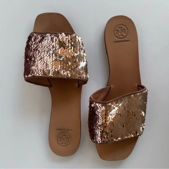 TORY BURCH Carter Sequined Slide Sandal REVERSE COLOR ROSE GOLD 9.5