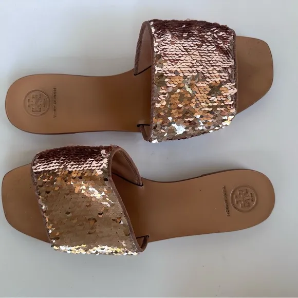 TORY BURCH Carter Sequined Slide Sandal REVERSE COLOR ROSE GOLD 9.5