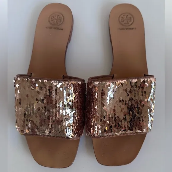 TORY BURCH Carter Sequined Slide Sandal REVERSE COLOR ROSE GOLD 9.5