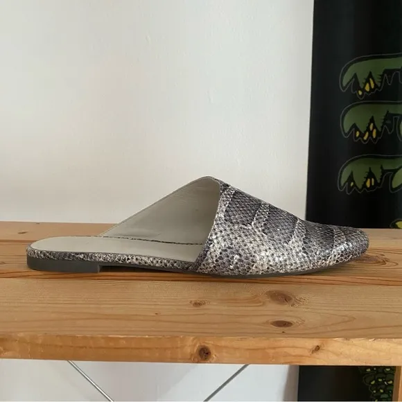 Vince Gray Snake-Embossed Leather Gena Asymmetrical Flat Mule Shoes