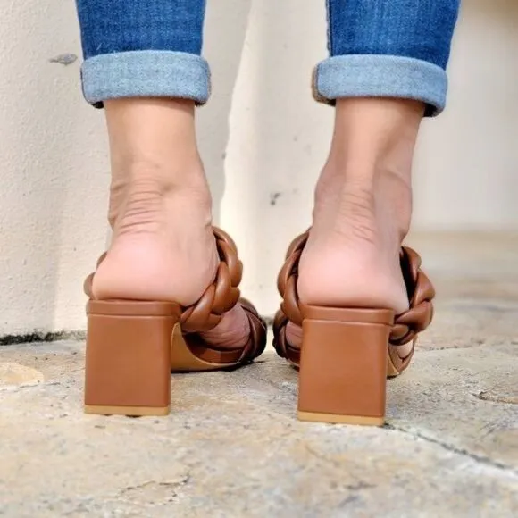 Women's Tan Double Braided Square Toe Mule Low Heel Sandal